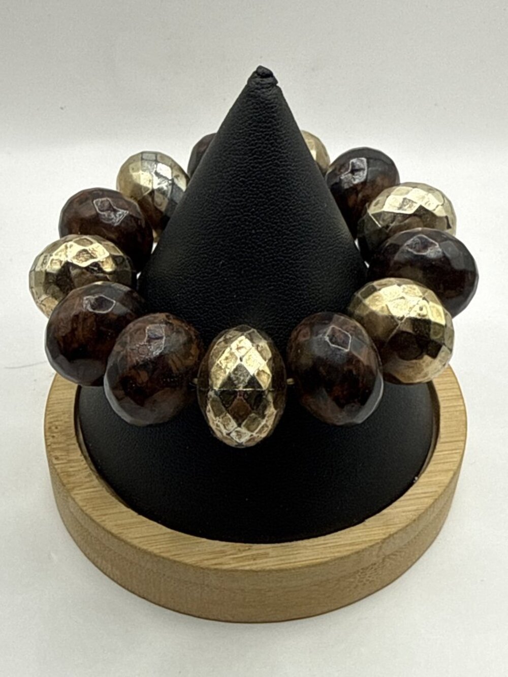 Chunky Faceted Bead Stretch Bracelet Brown Gold Boho Metallic Statement